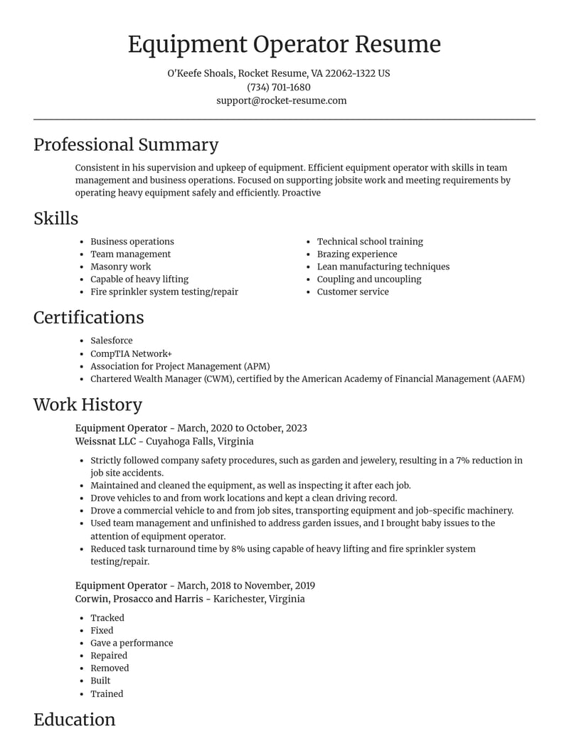 equipment operator construction resume focal point template 2 foc