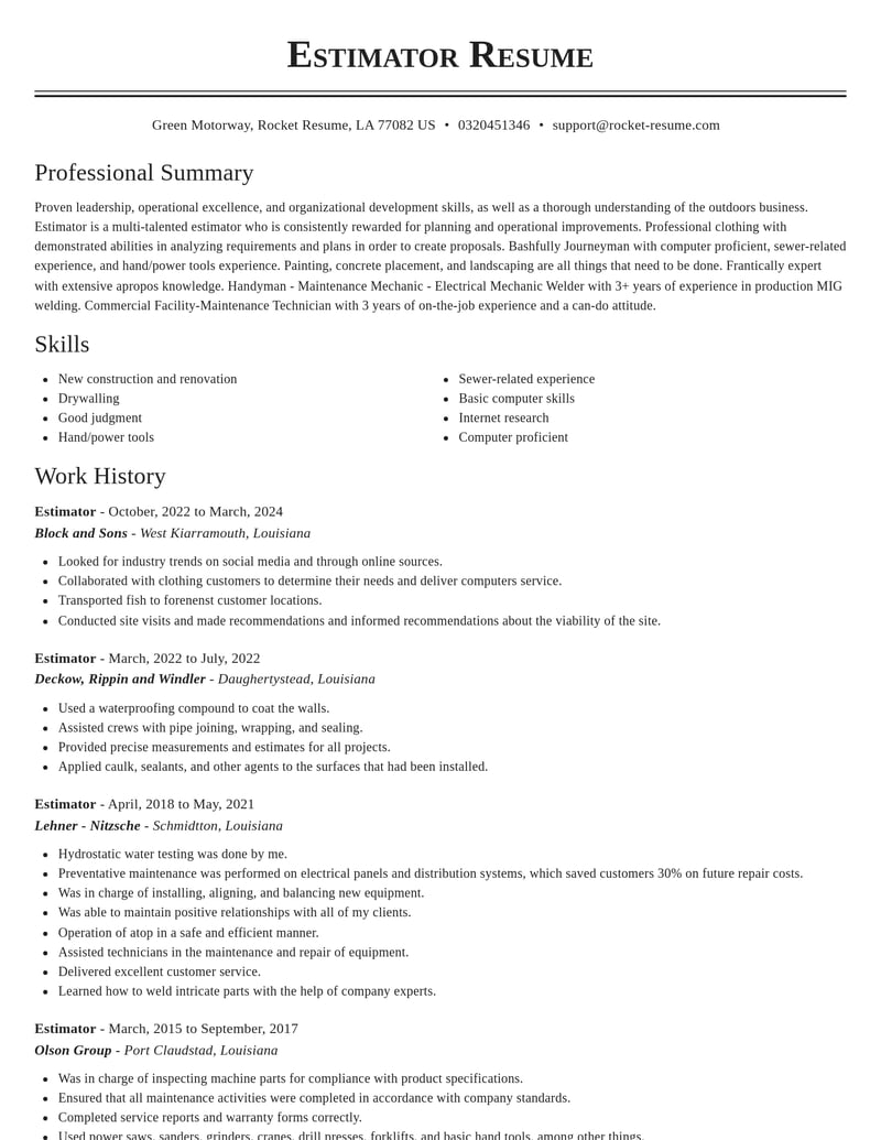estimator construction resume classic template 0 cla