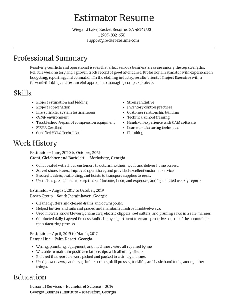 estimator construction resume focal point template 0 foc