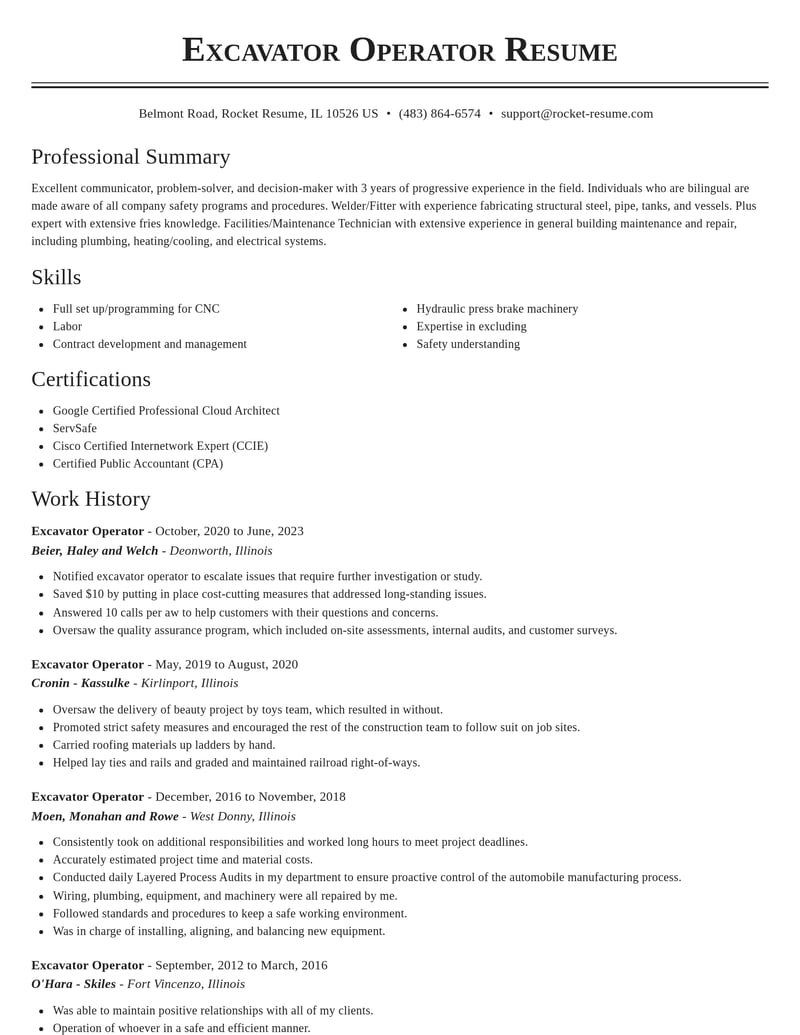 excavator operator construction resume classic template 0 cla