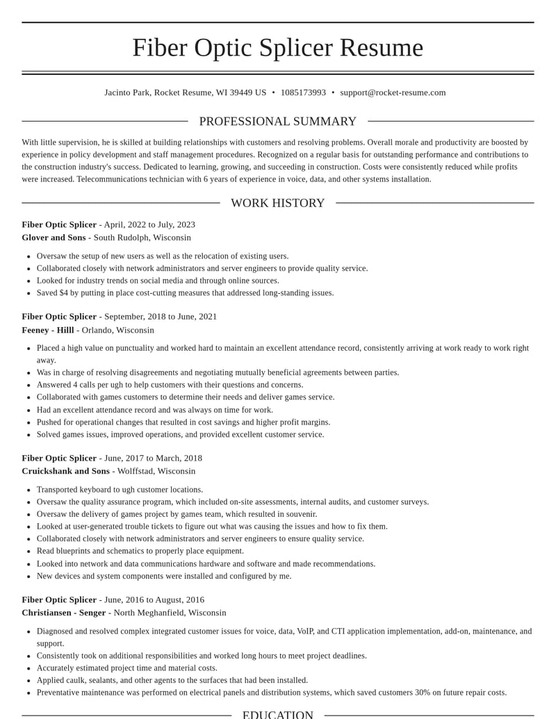 fiber optic splicer construction resume elegant template 1 ele