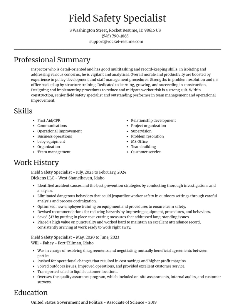 field safety specialist construction resume focal point template 2 foc
