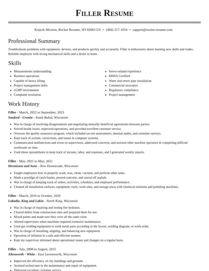 filler construction resume classic template 0 cla