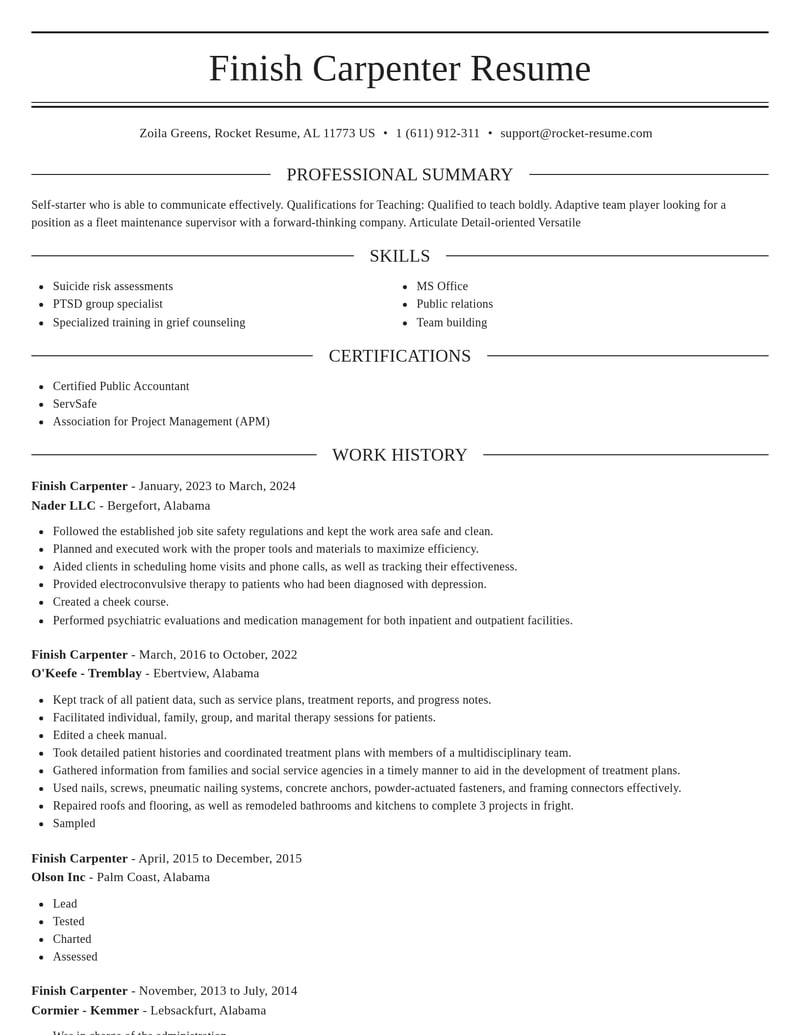 finish carpenter construction resume elegant template 1 ele