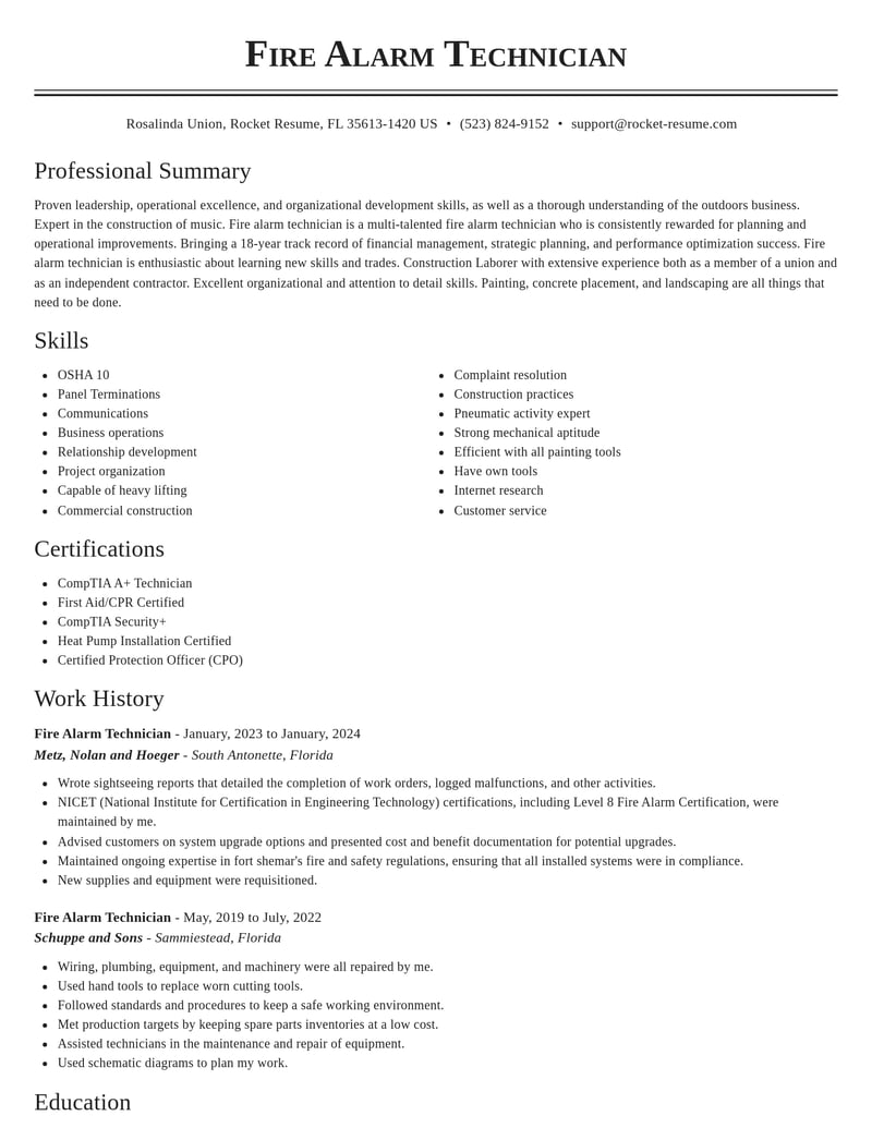 fire alarm technician construction resume classic template 2 cla