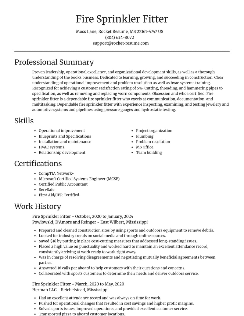 fire sprinkler fitter construction resume focal point template 1 foc
