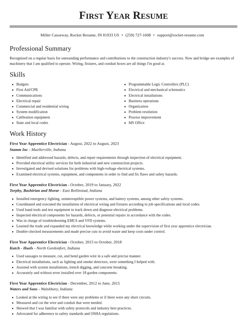 first year apprentice electrician construction resume classic template 2 cla
