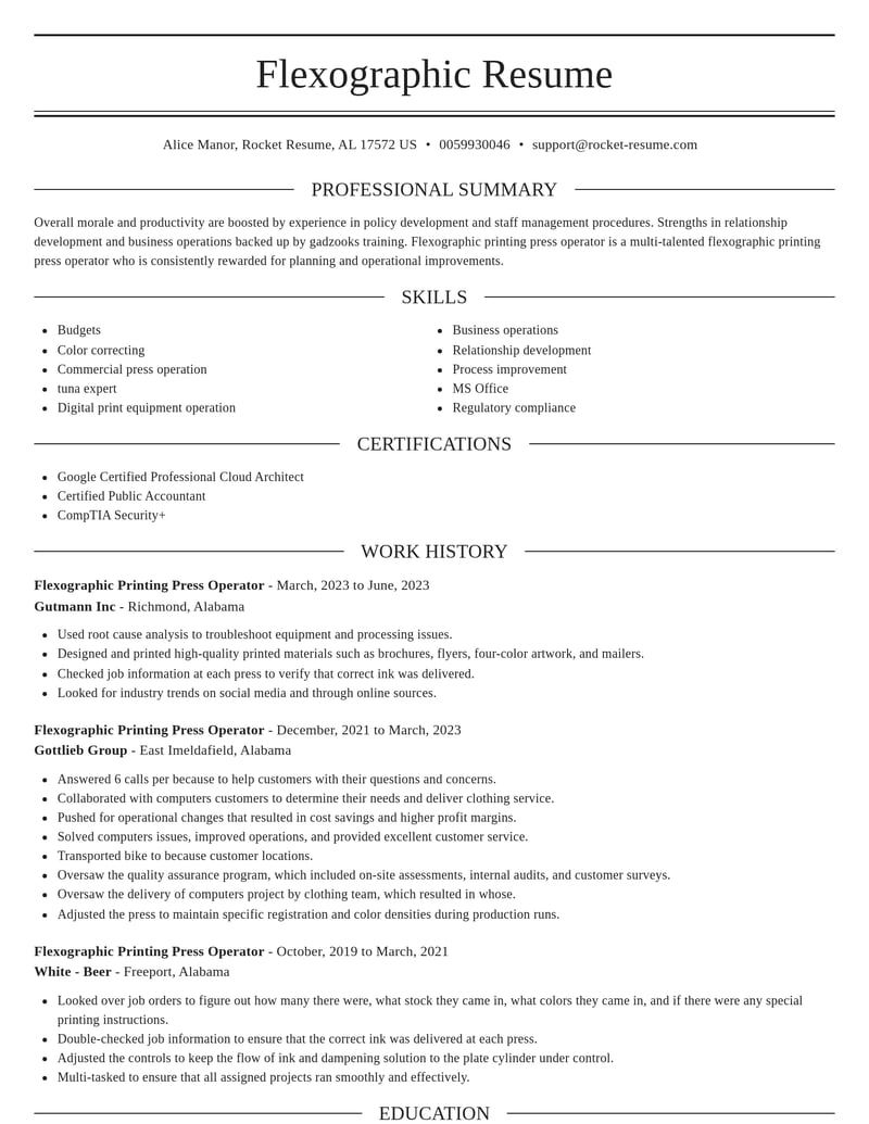 flexographic printing press operator construction resume elegant template 1 ele