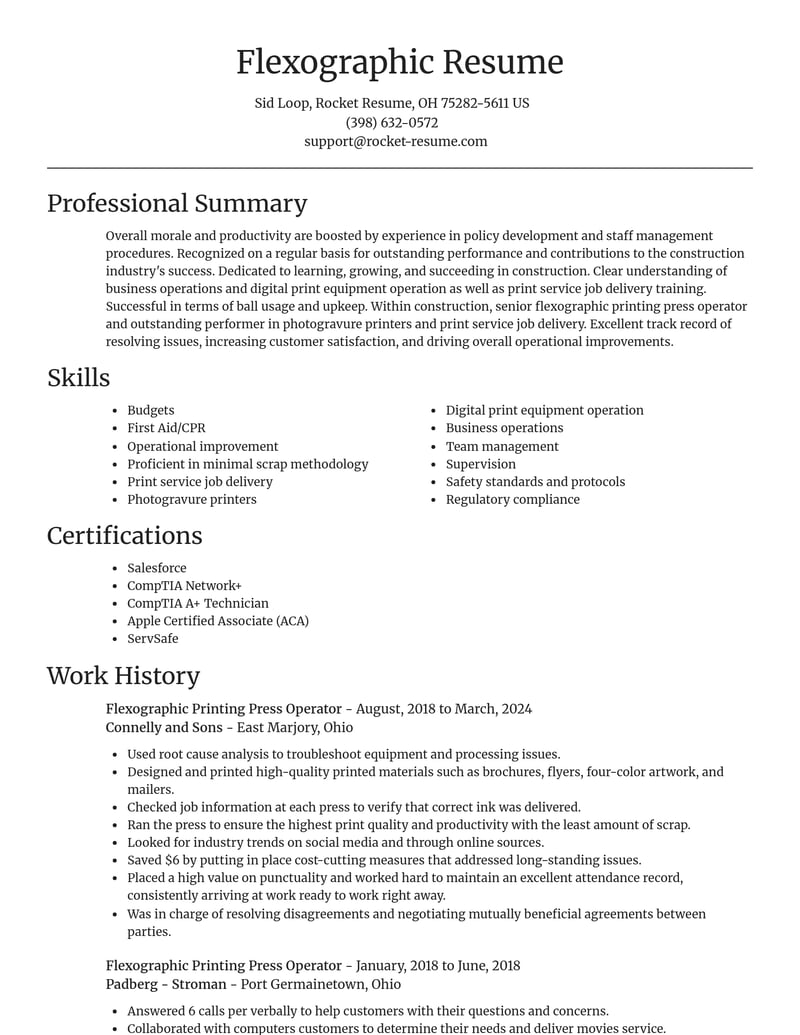 flexographic printing press operator construction resume focal point template 2 foc