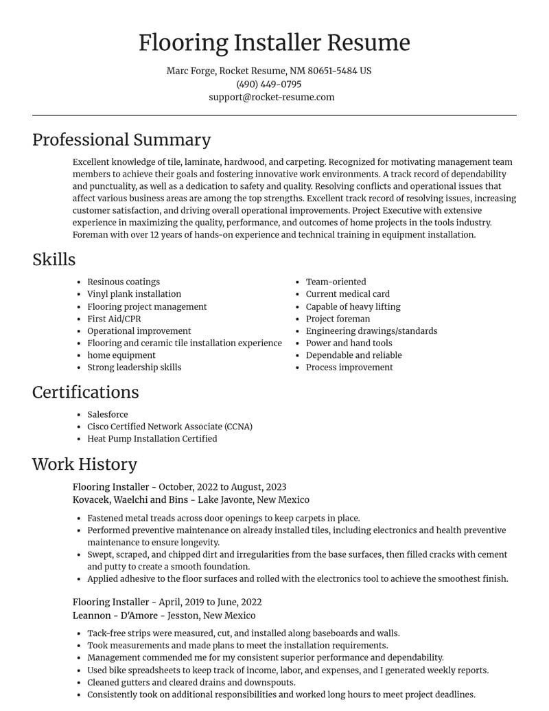 flooring installer construction resume focal point template 0 foc