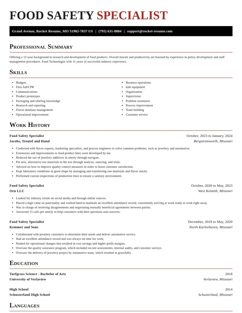 food safety specialist construction resume exquisite template 1 exq