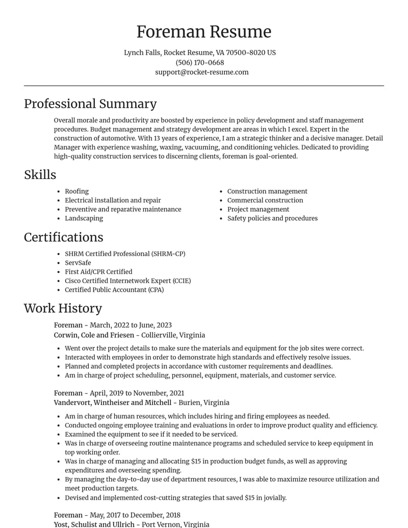foreman construction resume focal point template 0 foc