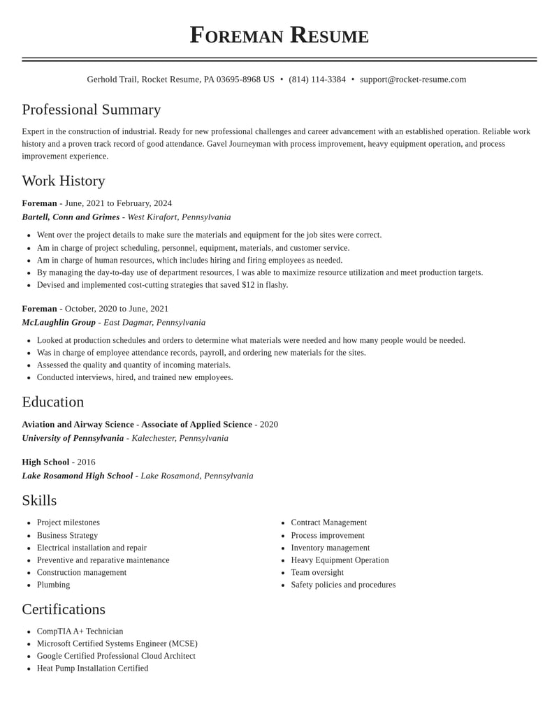foreman construction resume classic template 2 cla