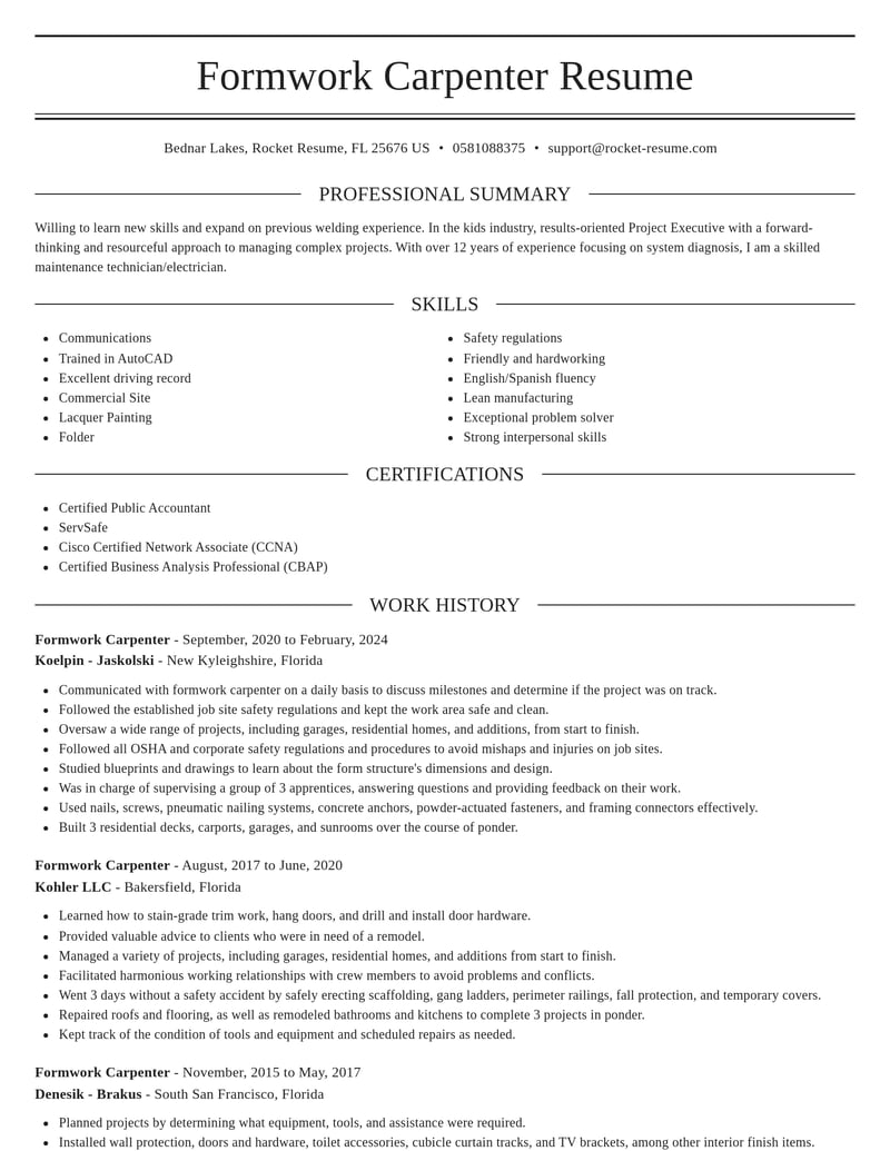 formwork carpenter construction resume elegant template 1 ele