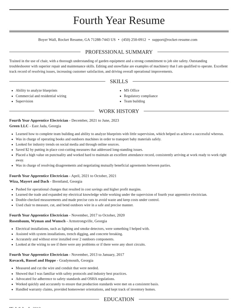 fourth year apprentice electrician construction resume elegant template 1 ele