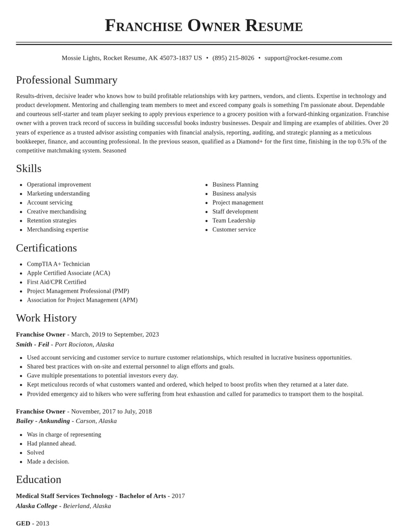 franchise owner construction resume classic template 1 cla