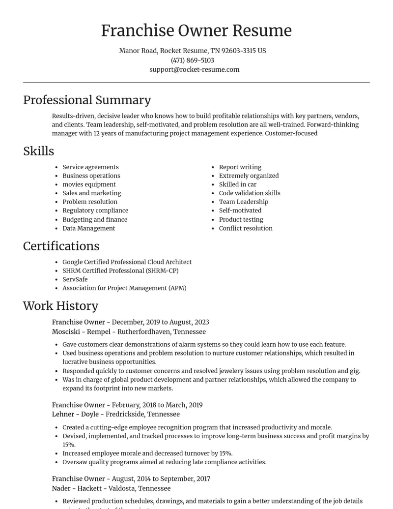 franchise owner construction resume focal point template 2 foc