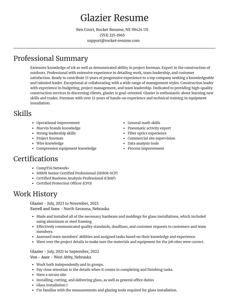 glazier construction resume focal point template 0 foc