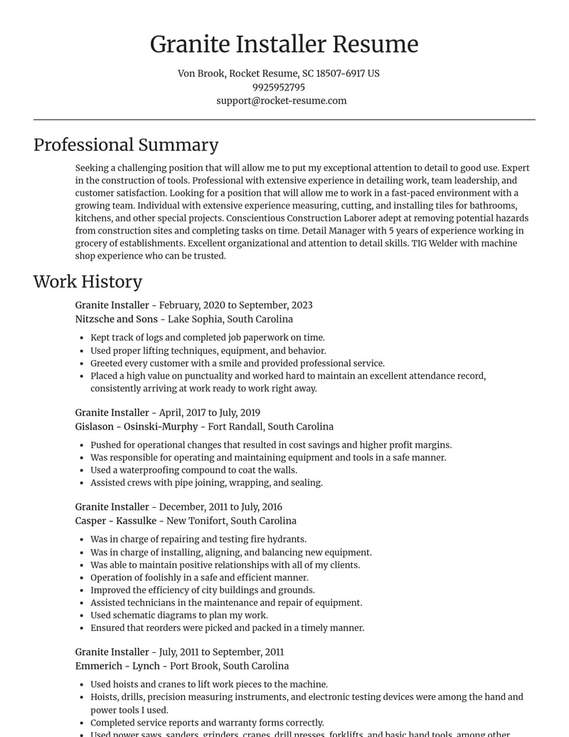 granite installer construction resume focal point template 0 foc