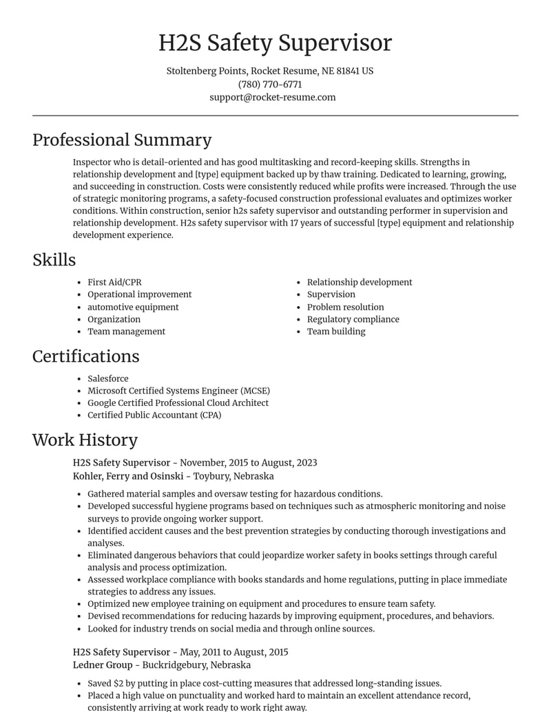 h 2 s safety supervisor construction resume focal point template 0 foc
