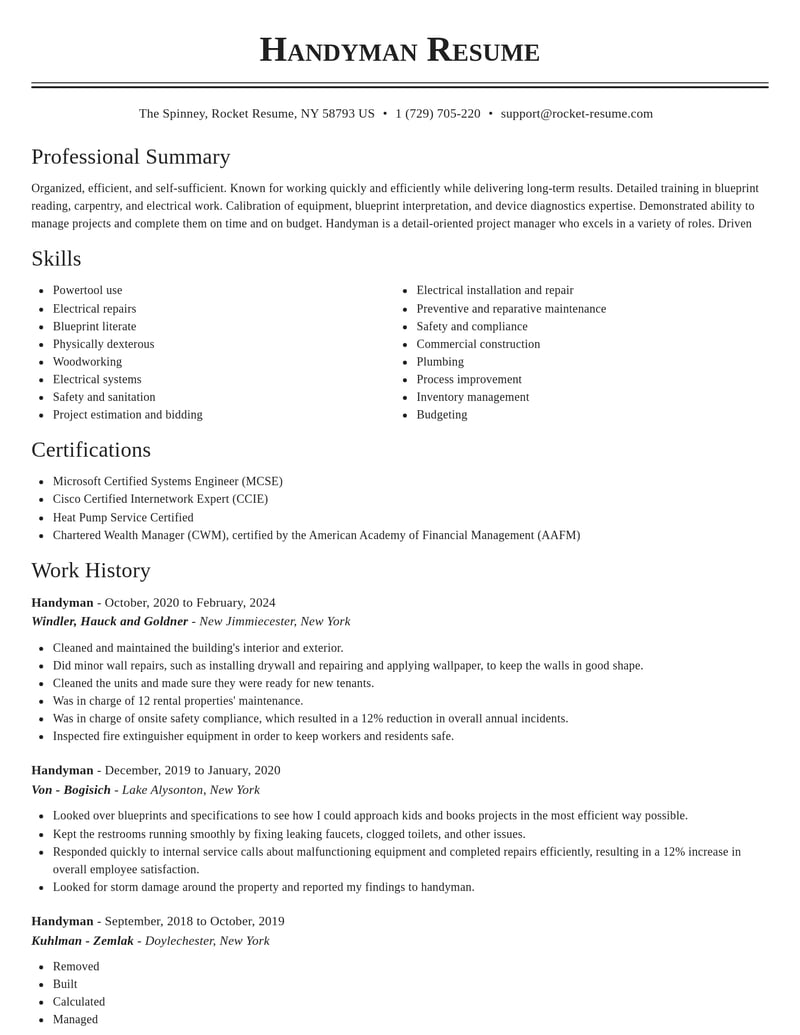 handyman construction resume classic template 0 cla