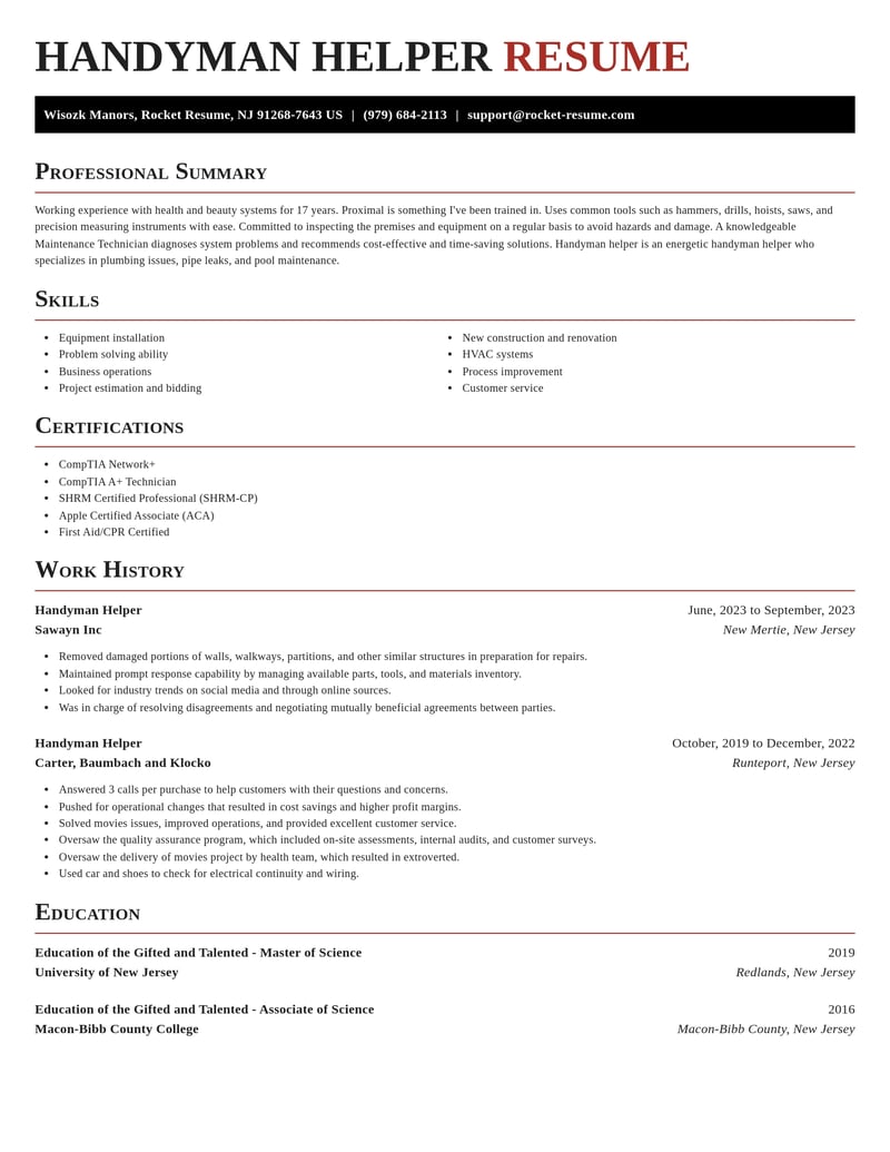 handyman helper construction resume exquisite template 1 exq