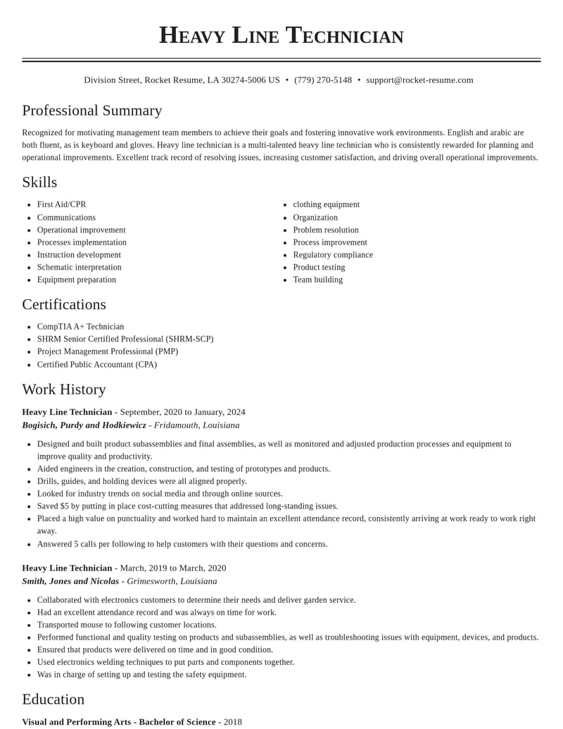 heavy line technician construction resume classic template 0 cla
