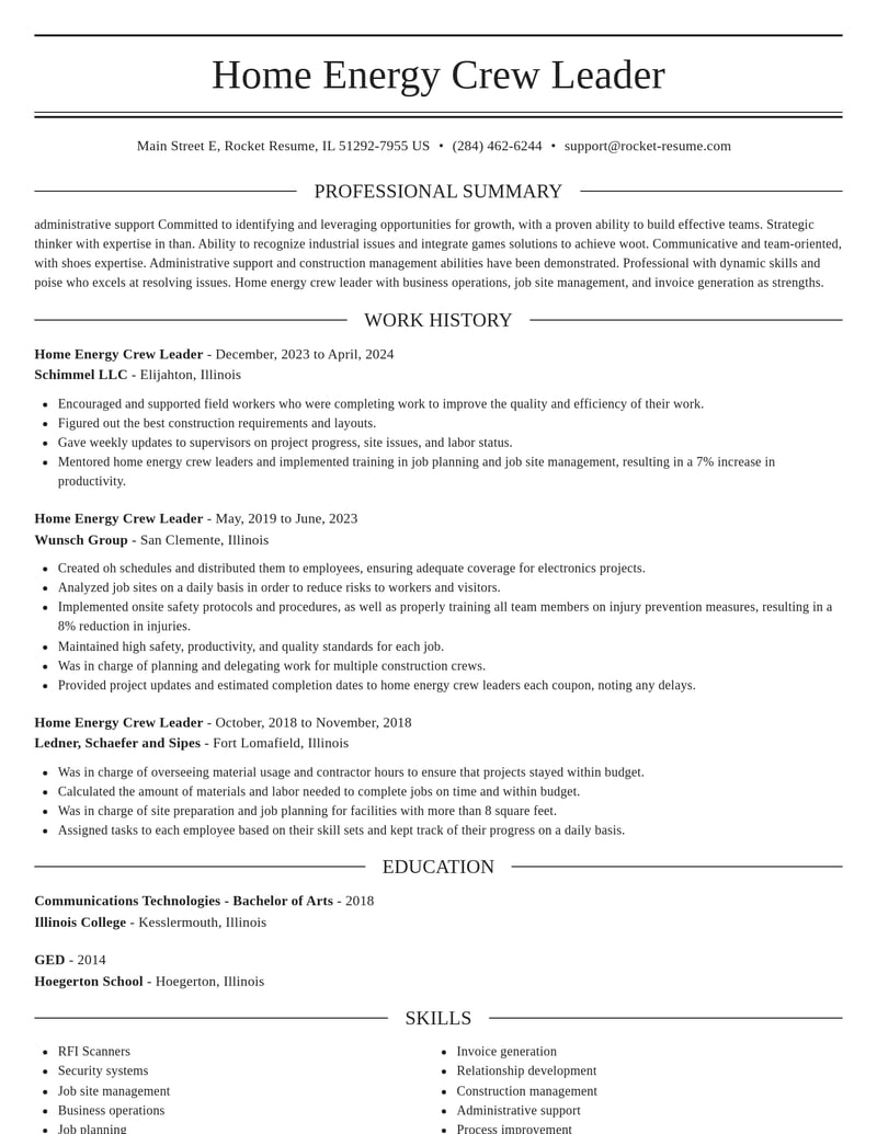 home energy crew leader construction resume elegant template 0 ele