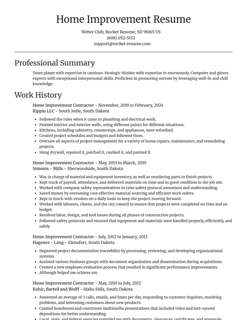 home improvement contractor construction resume focal point template 0 foc