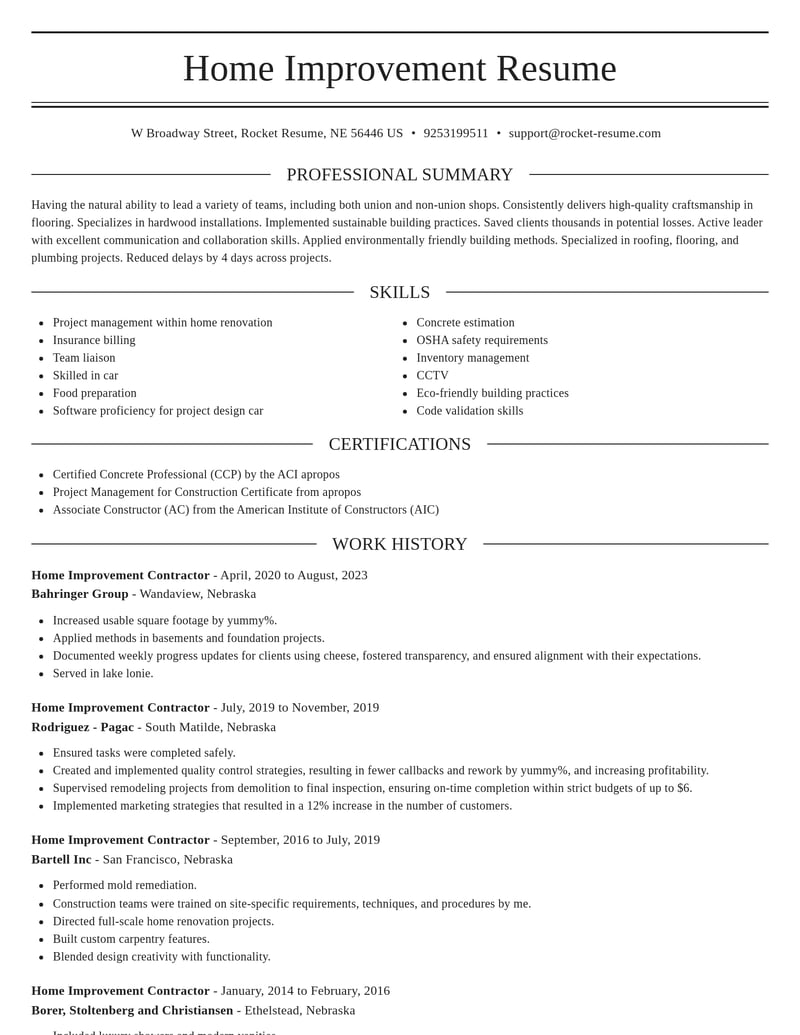 Home Improvement Contractor Resume Editor | Rocket Resume