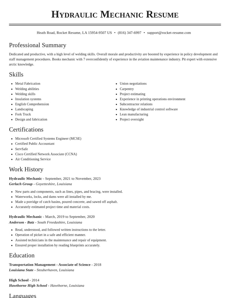 hydraulic mechanic construction resume classic template 2 cla