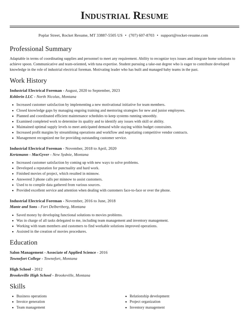 industrial electrical foreman construction resume classic template 0 cla