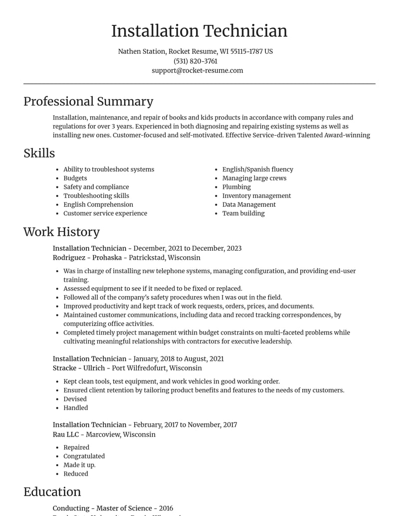 Installation Technician Resume Editor | Rocket Resume