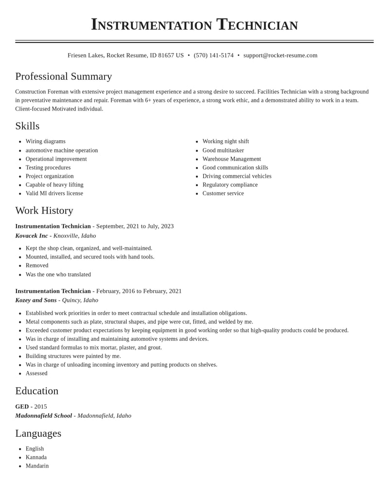 instrumentation technician construction resume classic template 0 cla