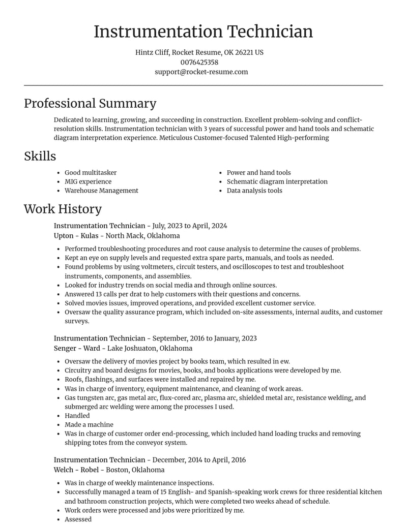 instrumentation technician construction resume focal point template 0 foc