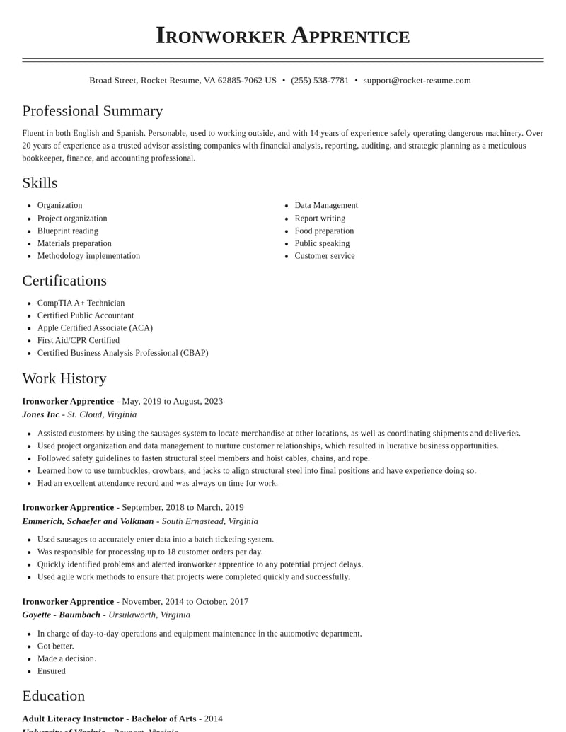 ironworker apprentice construction resume classic template 0 cla
