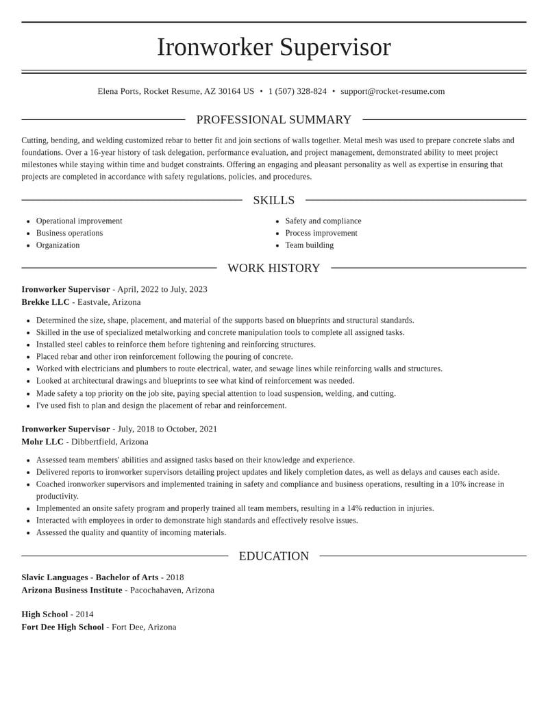 ironworker supervisor construction resume elegant template 0 ele