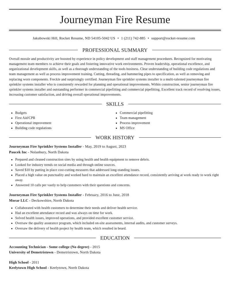 journeyman fire sprinkler systems installer construction resume elegant template 0 ele