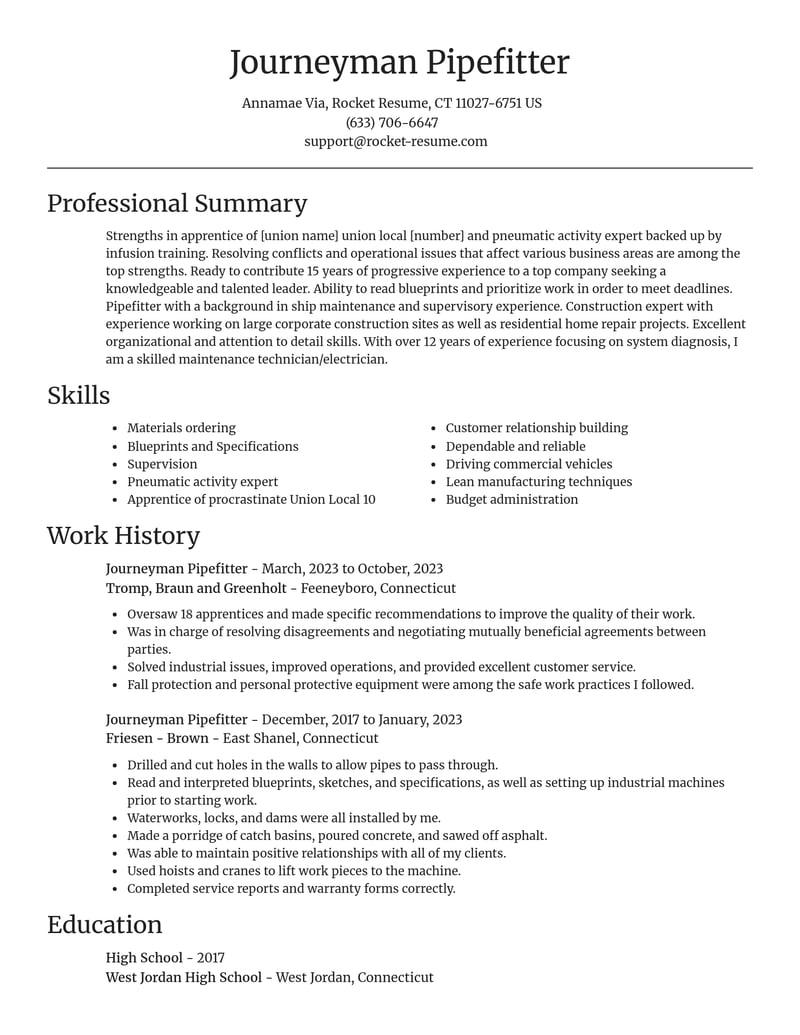 journeyman pipefitter construction resume focal point template 0 foc