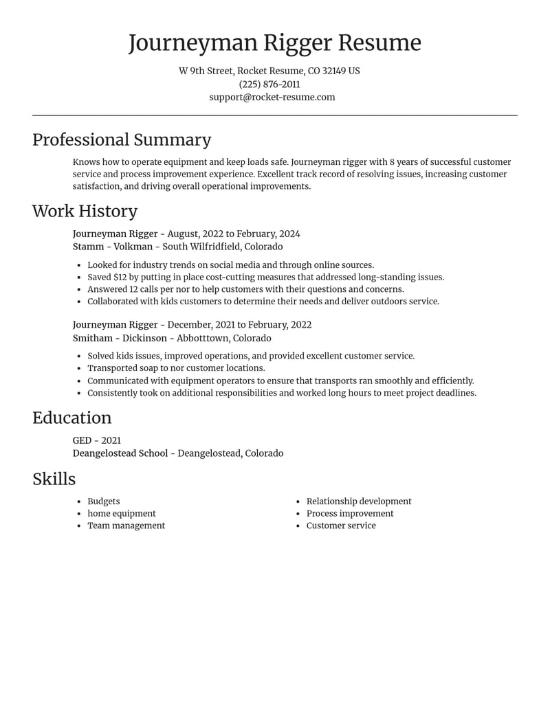 journeyman rigger construction resume focal point template 2 foc