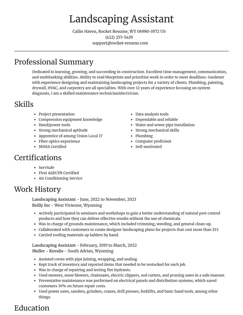 landscaping assistant construction resume focal point template 2 foc