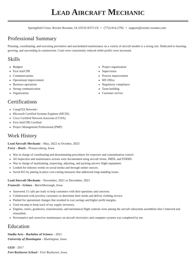 lead aircraft mechanic construction resume classic template 2 cla