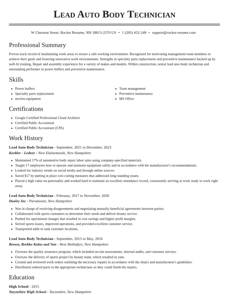 lead auto body technician construction resume classic template 0 cla