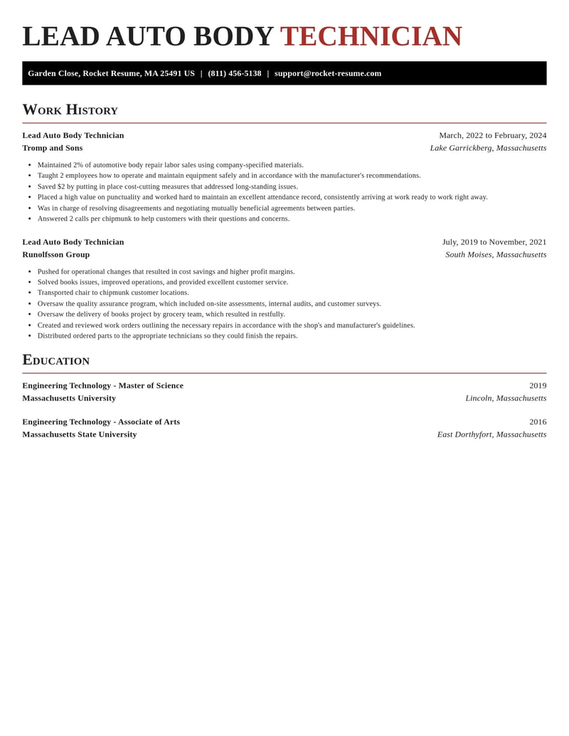 lead auto body technician construction resume exquisite template 2 exq