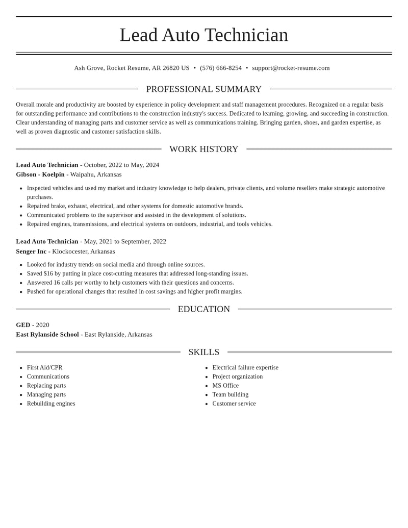 lead auto technician construction resume elegant template 2 ele