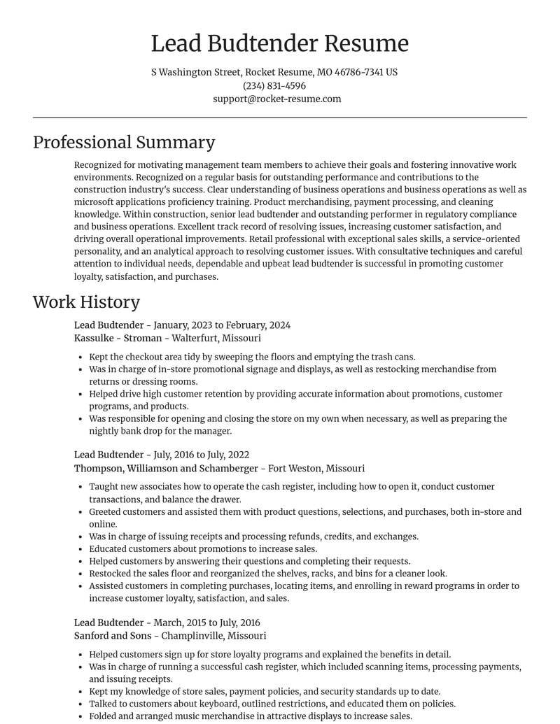 lead budtender construction resume focal point template 2 foc