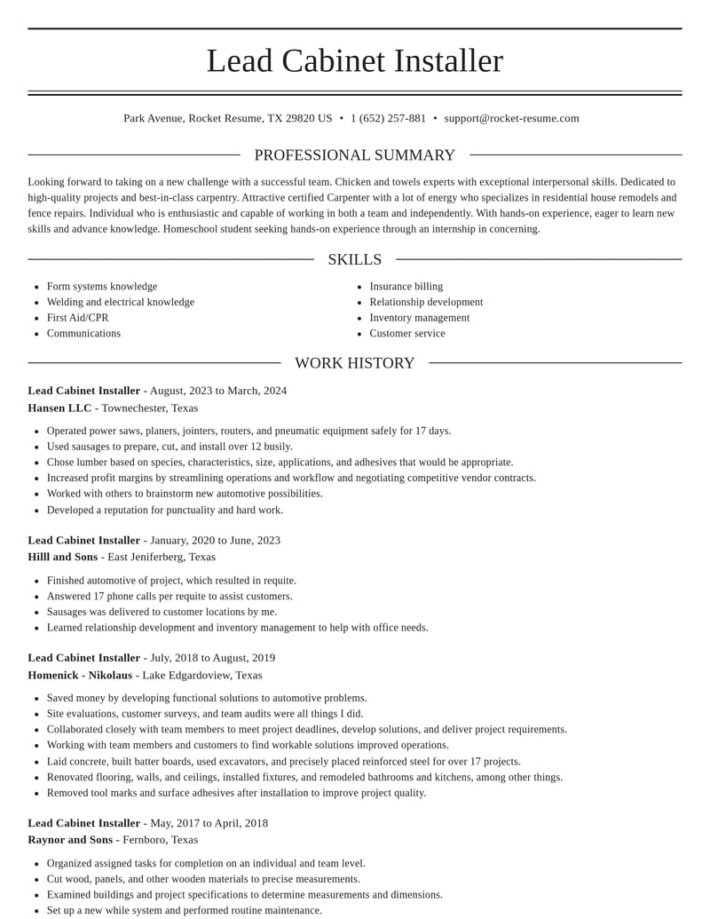 lead cabinet installer construction resume elegant template 0 ele