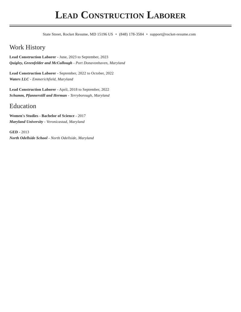 lead construction laborer construction resume classic template 0 cla