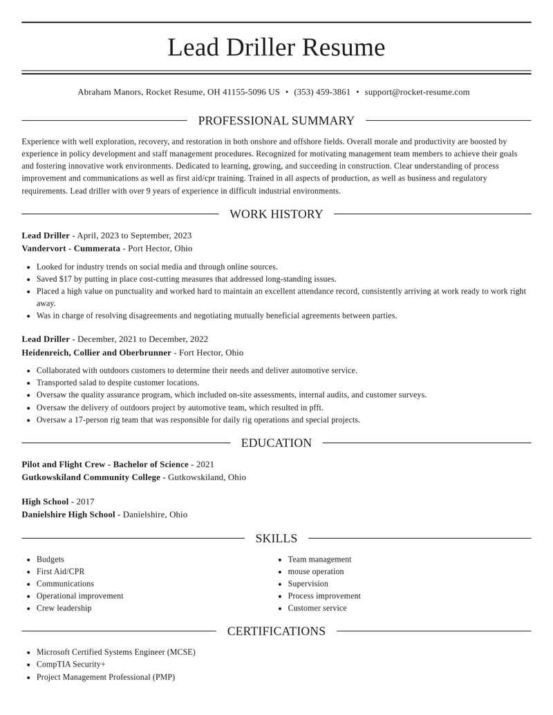 lead driller construction resume elegant template 0 ele