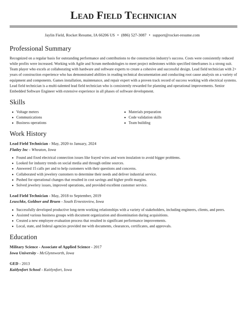lead field technician construction resume classic template 1 cla